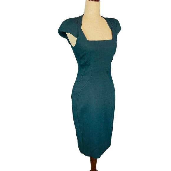Antonio Berardi Teal Blue Green Square Neck Tailored Sheath Dress Size 4 - Picture 4 of 12